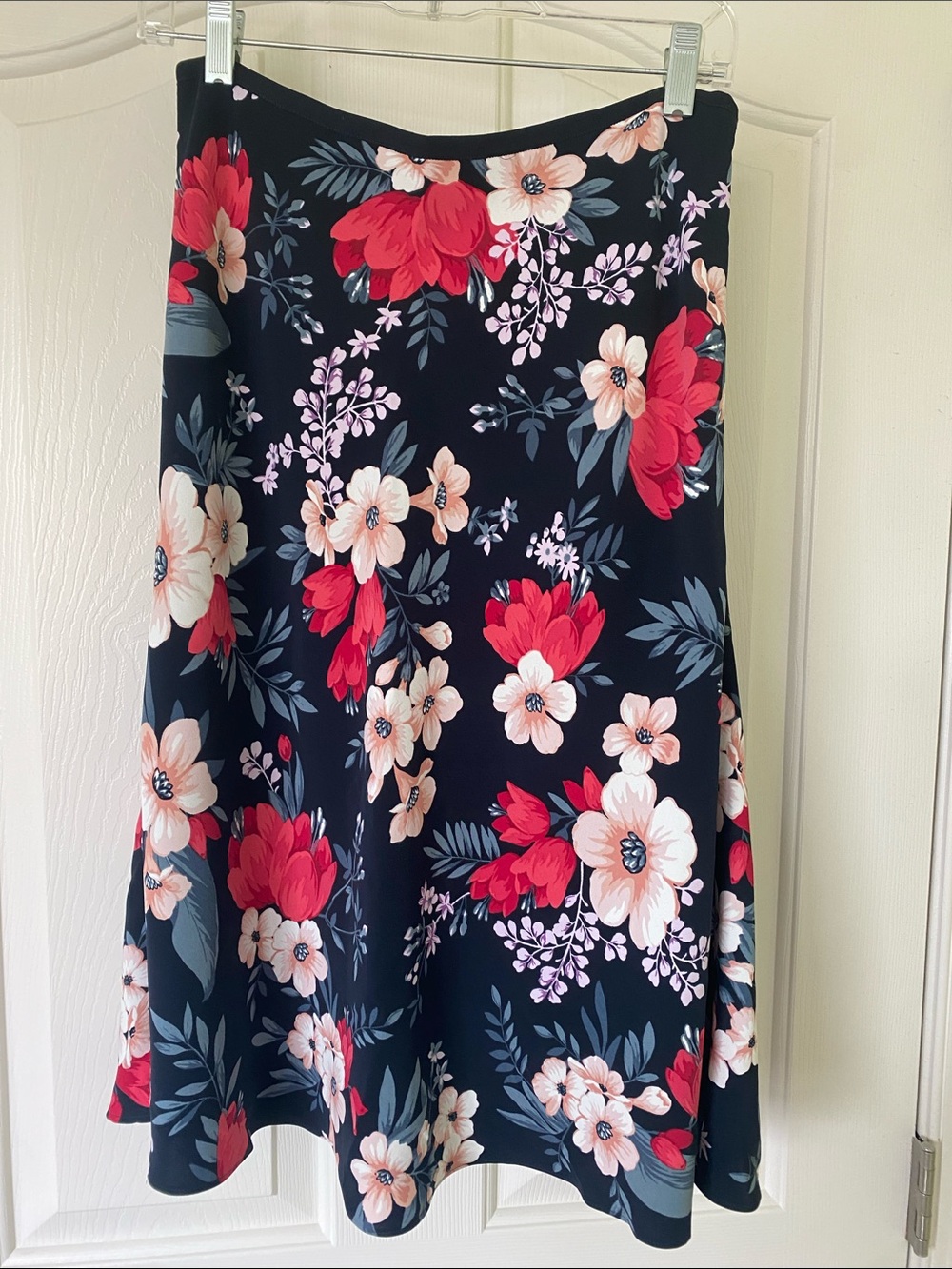 Ann Taylor Navy A-Line Skirt with Red & Pink Floral Print